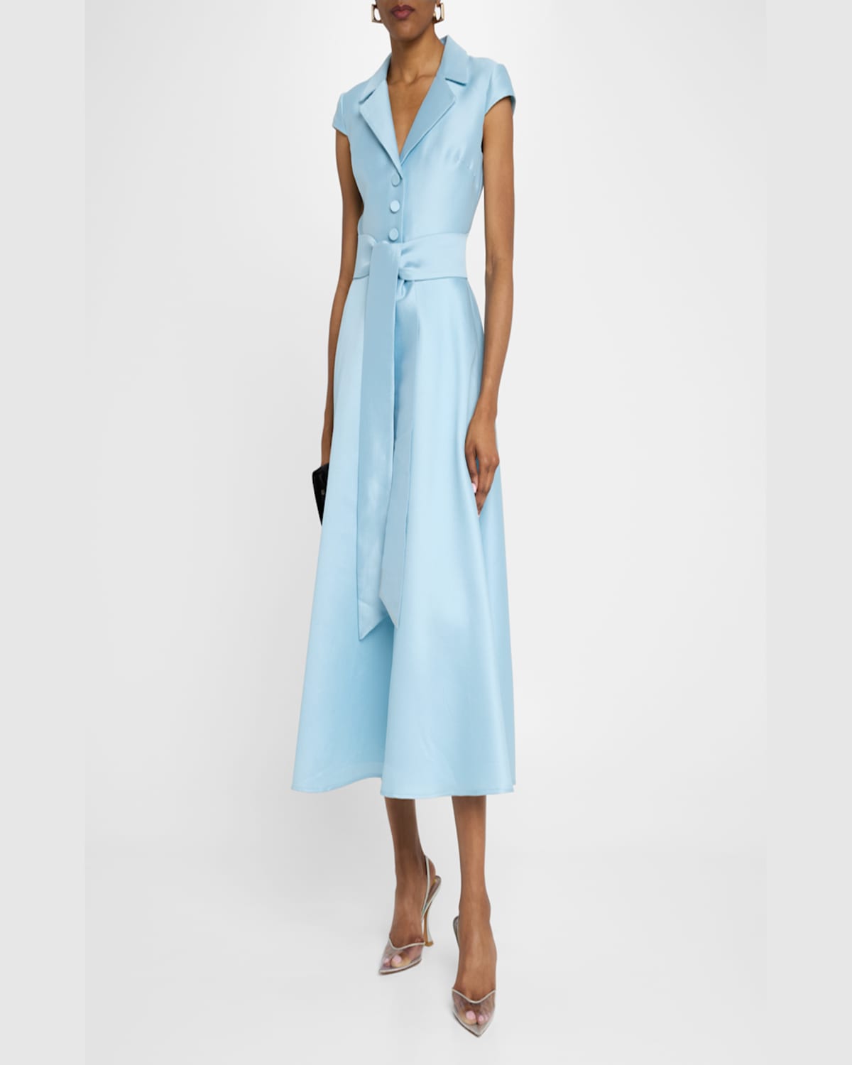 Badgley Mischka Belted Cap-sleeve Pique Midi Shirtdress In Hydra Blue