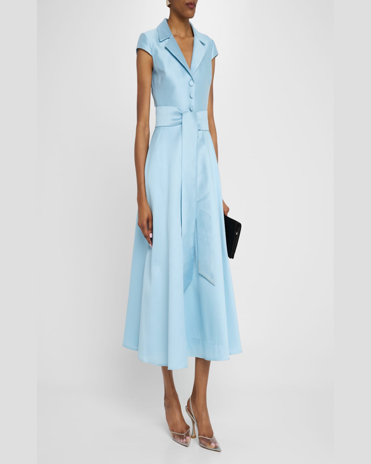 Badgley Mischka Belted Cap-sleeve Pique Midi Shirtdress In Hydra Blue