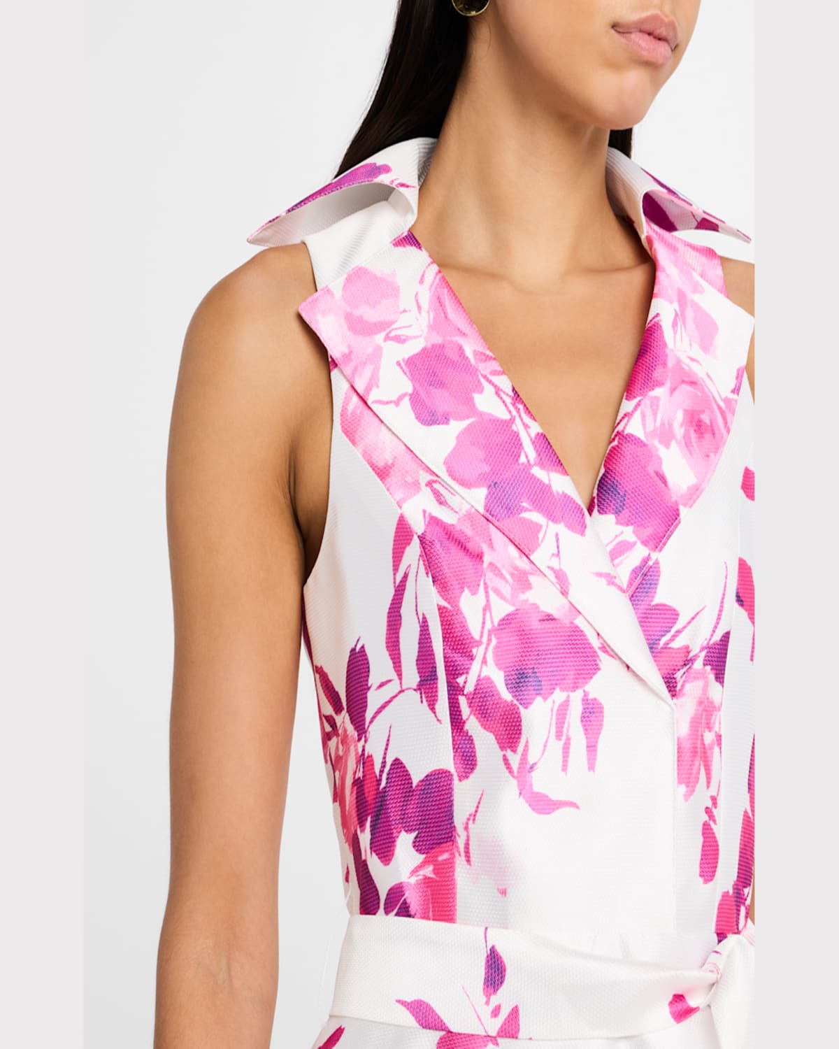 Rickie Freeman For Teri Jon Sleeveless Floral-print Pique Midi Shirtdress In White Pink
