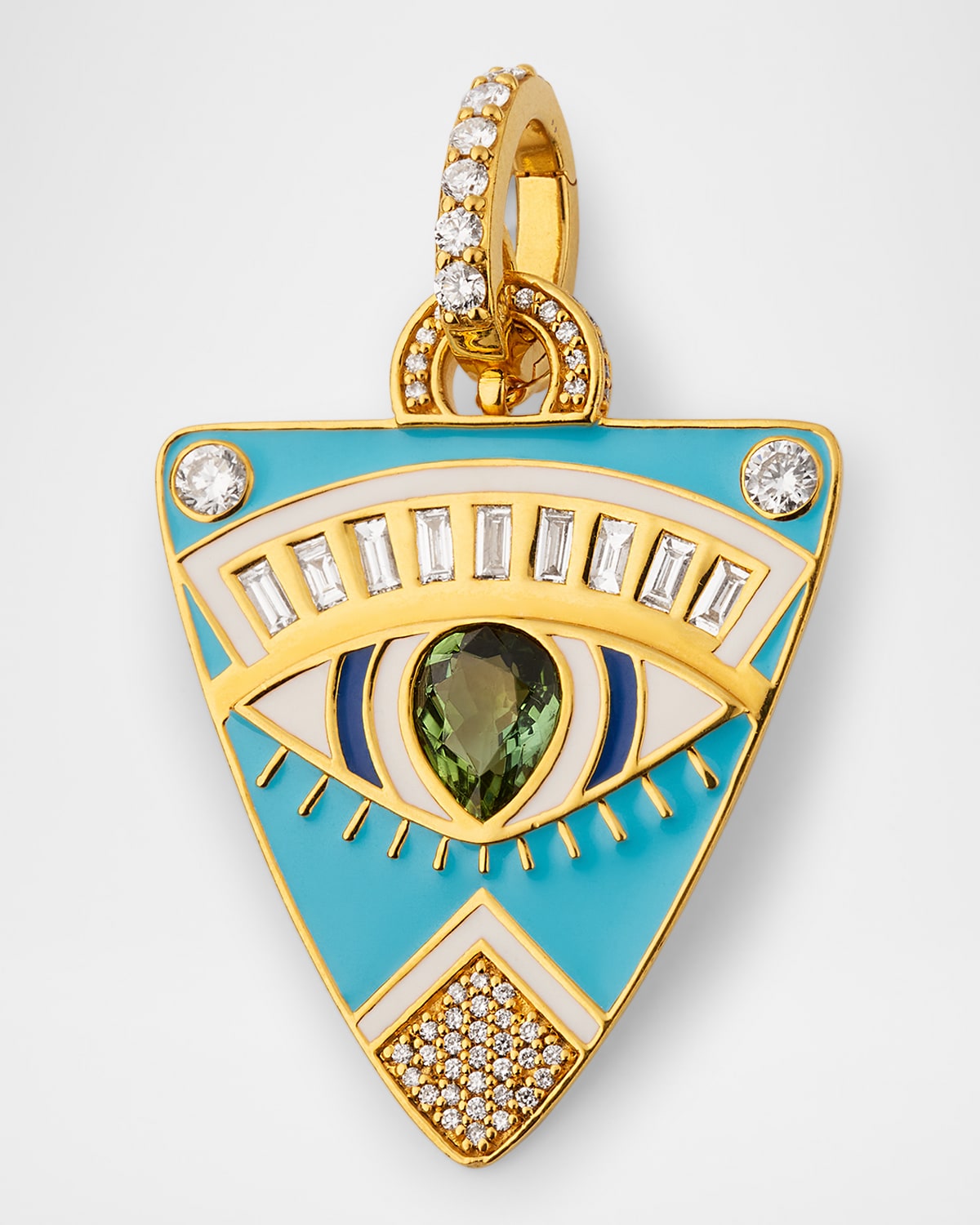 20K Sky Blue Enamel Guitar Pick Pendant with Green Tourmaline and Diamonds