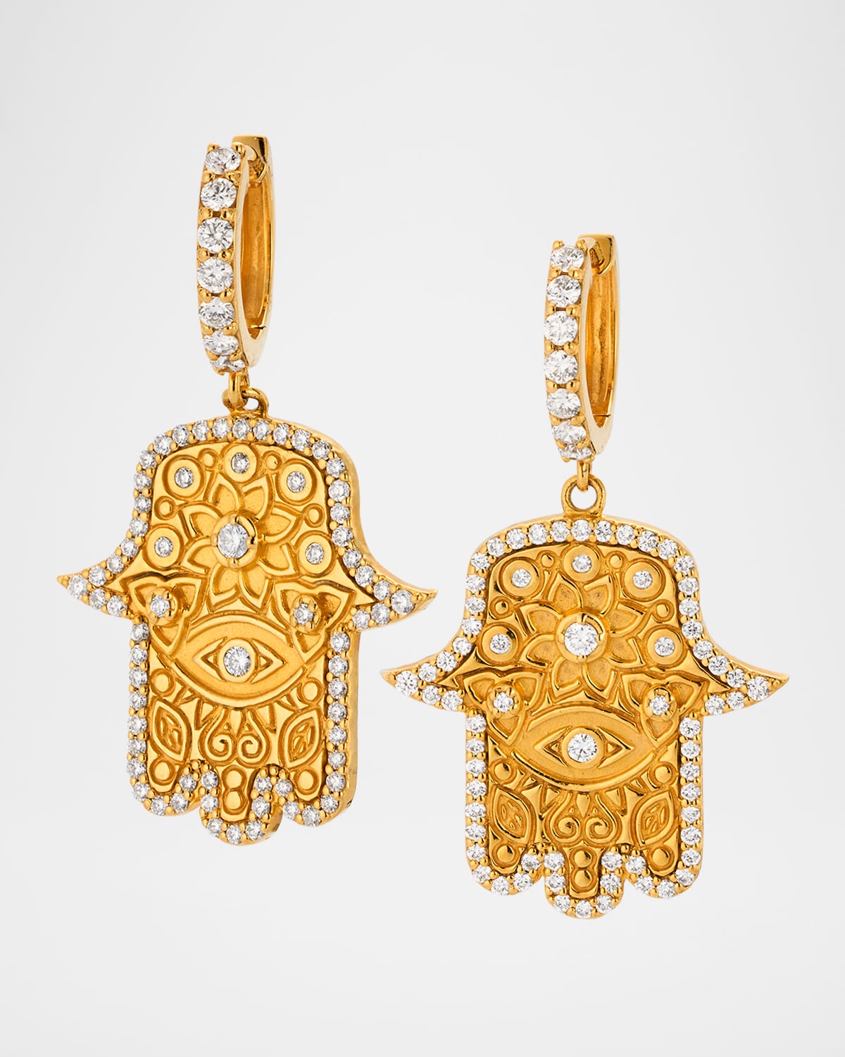 20K Hamsa Huggie Earrings with Diamonds