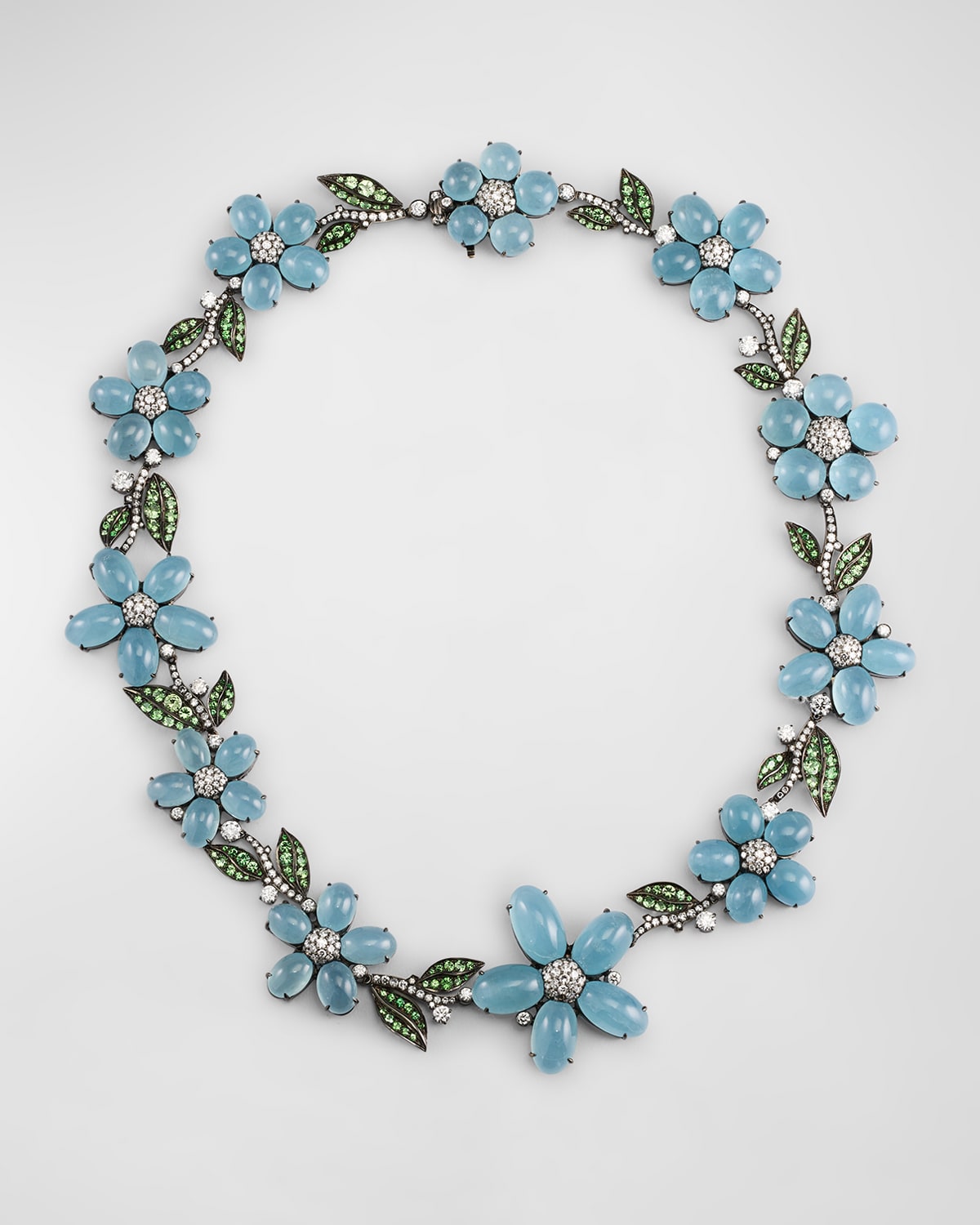 Diamond, Garnet, and Aquamarine Flower Necklace