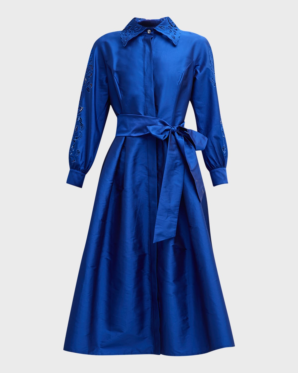 RICKIE FREEMAN FOR TERI JON LACE-INSET BELTED TAFFETA MIDI SHIRTDRESS