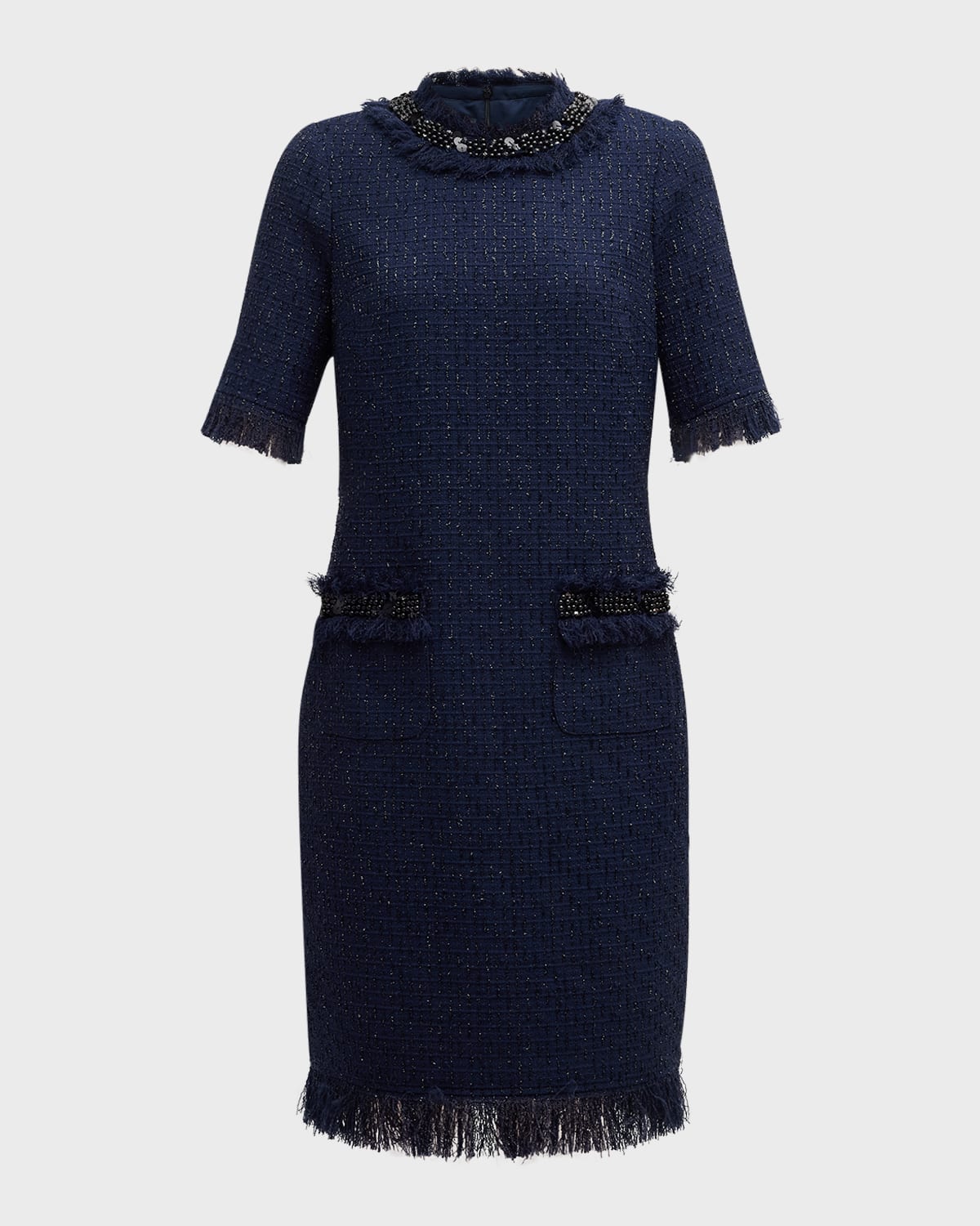 RICKIE FREEMAN FOR TERI JON BEADED FRINGE-TRIM BOUCLE MIDI DRESS 