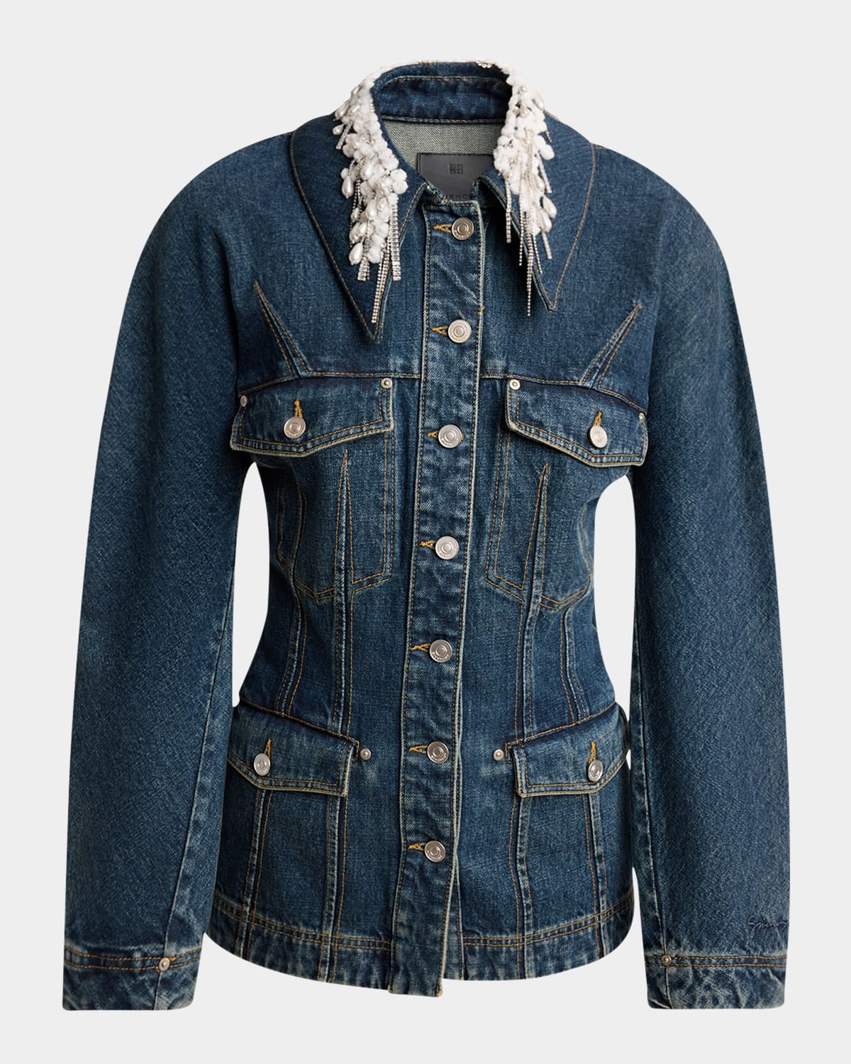Shop Givenchy Pearly Crystal Collar Denim Jacket In Medium Blue