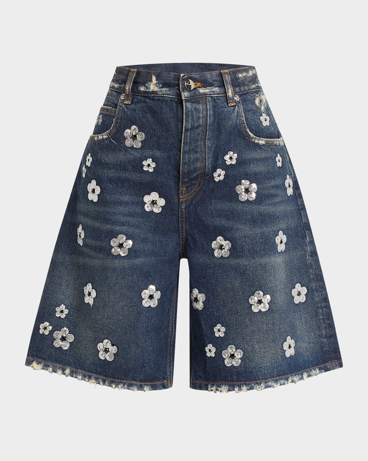 Marc Jacobs Denim Bermuda Shorts With Daisy Sequins In Vintage Indigo