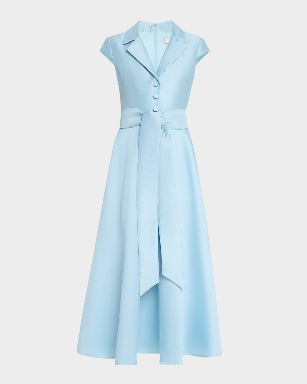 Badgley Mischka Belted Cap-sleeve Pique Midi Shirtdress In Hydra Blue