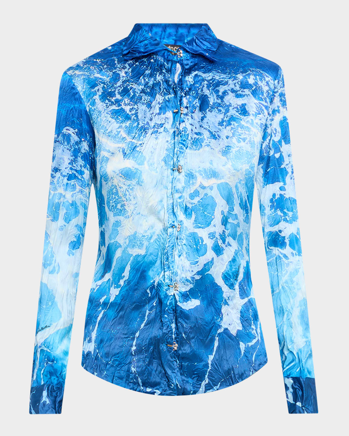 Roberto Cavalli Sicily Ocean-print Crinkle Silk Blouse In Deep Blue